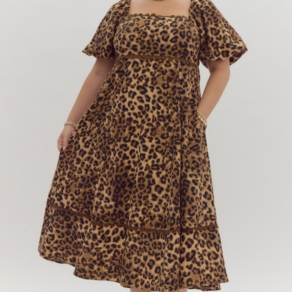 NWT Entro Cheetah Print Square Neck Midi Dress With Ric-Rac Trim Plus